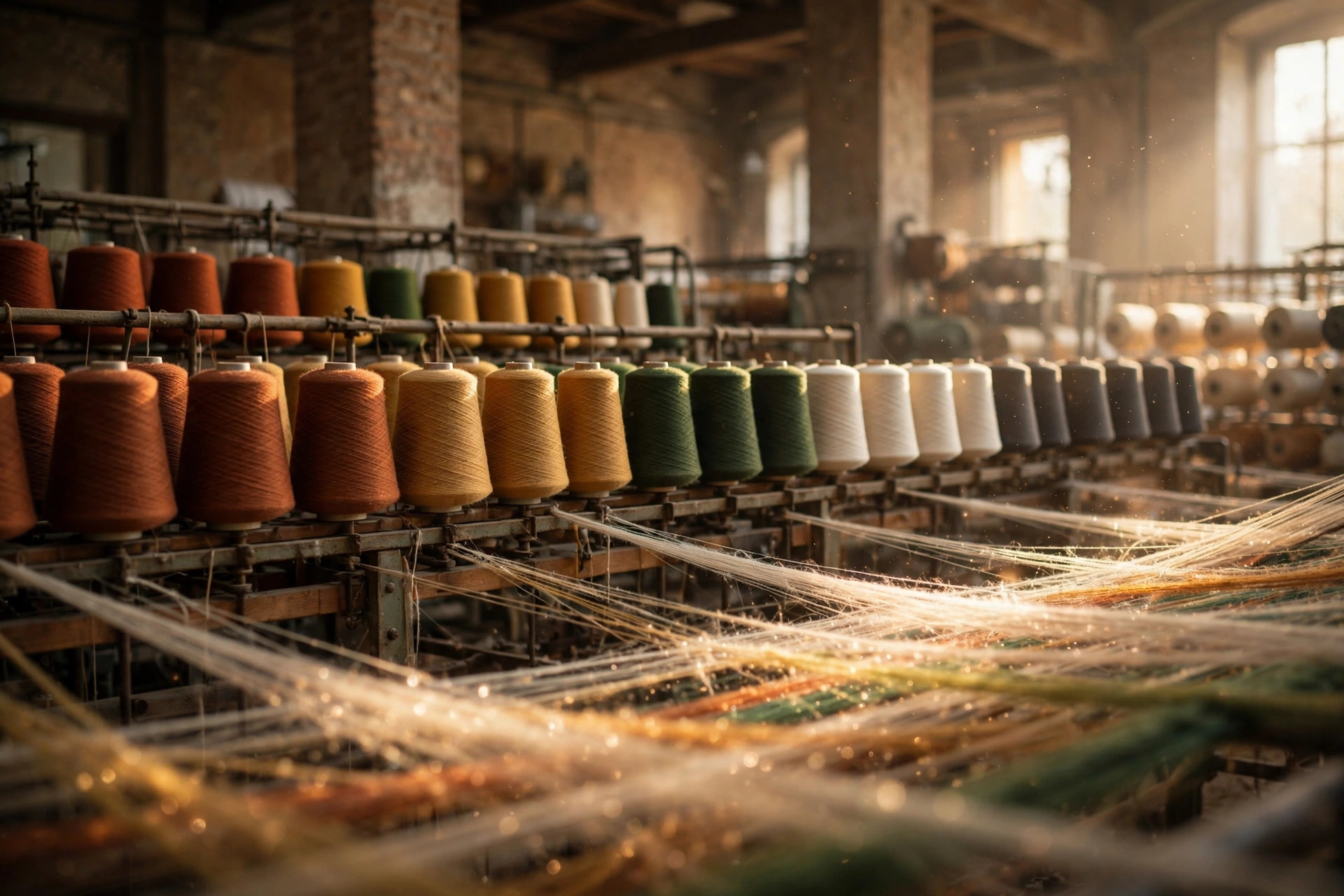 Rows of colorful yarn cones on spinning frames in a textile mill
